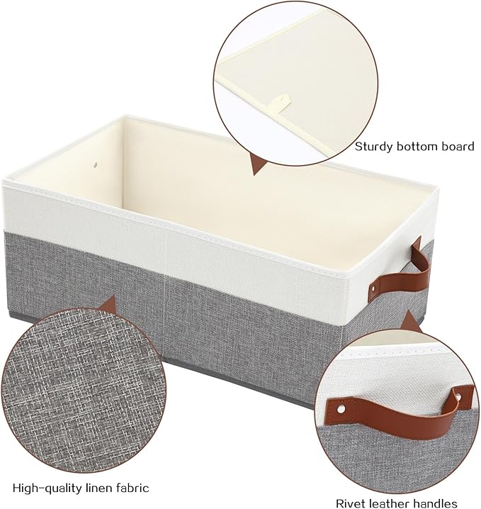 6 Pack Closet Storage Bins, Storage Baskets for Shelves, Linen Closet Organizers and Storage with Leather Handles for Clothes,Towels, Sheets, Jeans, Toys, Books (Grey and White)