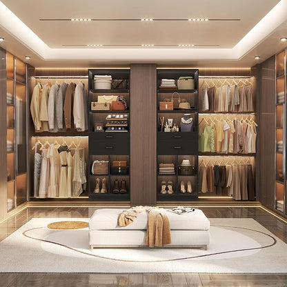 Closet System, 4-8 FT Closet Organizer Tower with 2 Wooden Drawers and Shelves, Can Fit 60 to 96 inch Walk-in Closet System with 5 Hang Rods, Built-in, Black