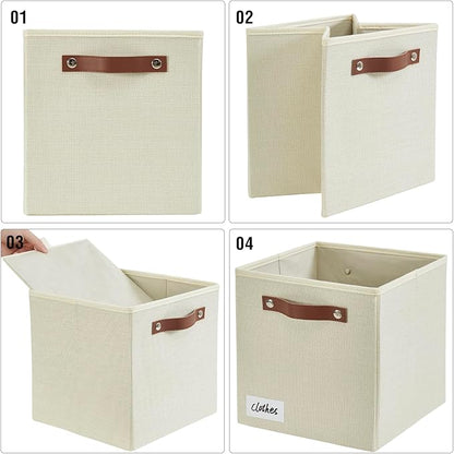 Collapsible Fabric Storage Cube Bins with 2 Reinforced PU Handles, Foldable Storage Organizer Baskets for Closet, Shelves, Living Room | 11"x11"x11", 4 Pack, Full Beige