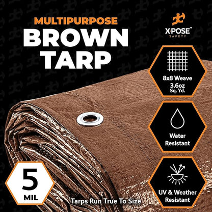 Multipurpose Protective Cover Brown Poly Tarp 5' x 7' (2-Pack) - Durable, Water Resistant, Weather Resistant - 5 Mil Thick Polyethylene - by Xpose Safety