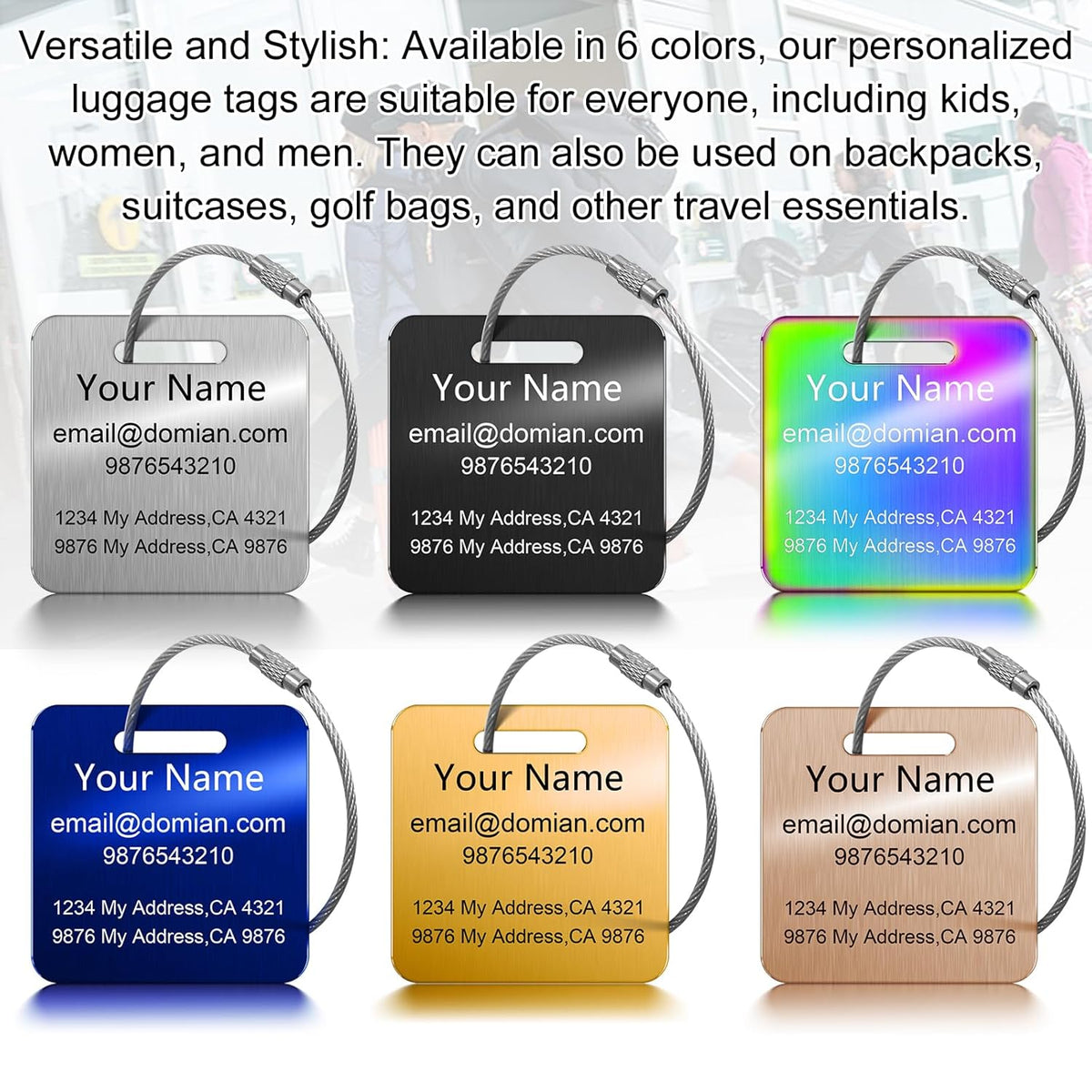 Stainless Steel Personalized Luggage Tags for Suitcases - Custom Name ID Travel Tags for Luggage, Backpacks and Bags - Metal Travel Essentials Accessories for Kids, Women and Men - Bulk Set (4 Pack)