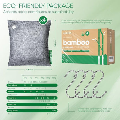Activated Charcoal Odor Absorber,Large 4x500g w Hooks Nature Odor Eliminator for Strong Odor,Bamboo Charcoal Air Purifying Bags,Moisture Absorbers for Fresh Home Car Closet Pet,Smoke Room Deodorizer