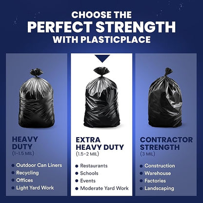 Plasticplace 55-60 Gallon Trash Bags │ 1.5 Mil │ Black Heavy Duty Garbage Can Liners │ 36” x 58” (100 Count)