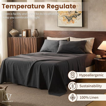100% Linen Sheets King Size,Breathable & Durable 4-Piece Bed Flax Sheet Set,Soft All-Season Bedding for Hot Sleepers 16" Deep Pocket Oeko-TEX Certified,（King, Dark Grey）