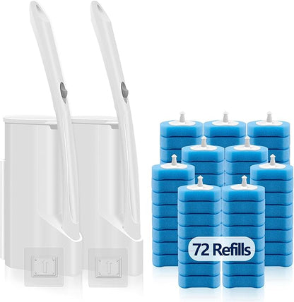 Disposable Toilet Bowl Brush and Holder, Toilet Cleaning System-2 Toilet Bowl Wand, 2 Storage Caddy&72 Toilet Brush Refills for Effective Deep Scrub Toilet, Wall-Mount Toilet Brush, 2 Pack.