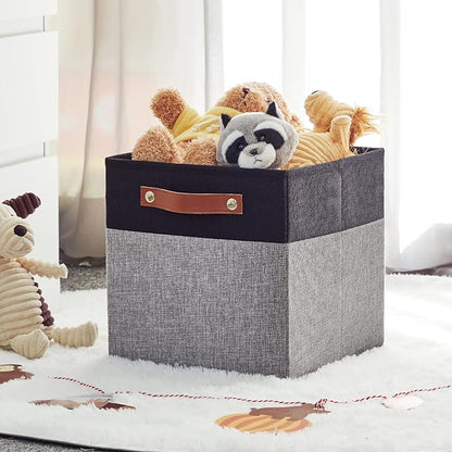 HNZIGE Fabric Cube Storage Baskets 11x11, Set of 4, Foldable Baskets with Handlesfor Organizer Closet(Black Gray)