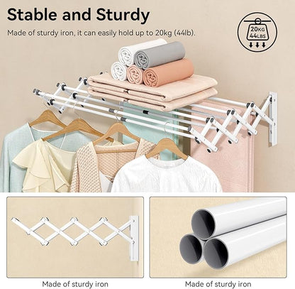 APEXCHASER Wall Mounted Clothes Drying Rack, Laundry Drying Rack Retractable, Towel Racks Wall Mounted for Bathroom Balcony Laundry Room Indoor, Foldable Accordion Dryer Rack for Clothing, White