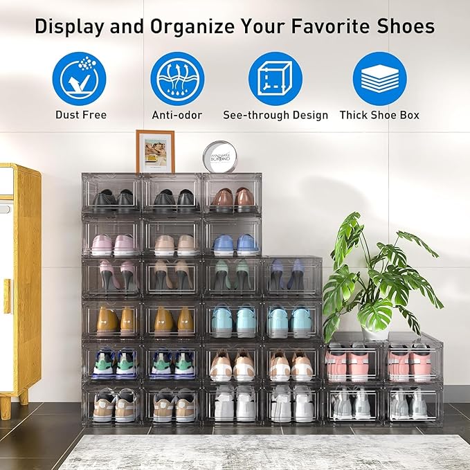 Mitees 10 Pack XX Large Thicken Sturdy Hard Plastic Clear Stackable Shoe Storage Boxes for Size 12, Sneaker Shoe Rack Containers Holders Bins Display Case Organizer for Closet, Grey02