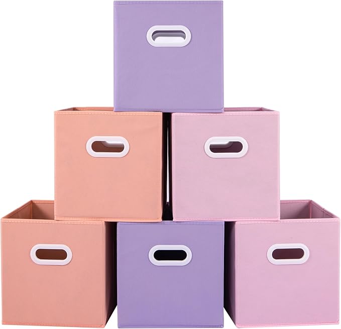 Stero Fabric Storage Cubes Bins, 13 inch Fun Colored Foldable Storage Baskets with Dual Plastic Handle for Home, Kids Room, Closet and Toys Organization, Multi Colored, Set of 6