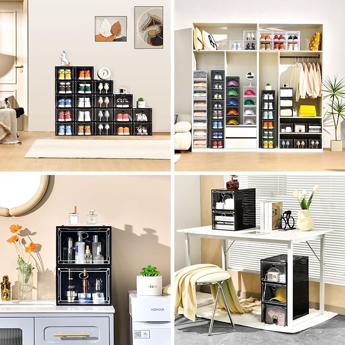 12 Pack Shoe Boxes Stackable,Upgraded Sturdy Shoe Storage Boxes with Clear Magnetic Door,Multifunctional Sneaker Storage, Shoe Box Organizer Fit up to US Size 12 Gray(13.8”x 9.84”x 7.1”)