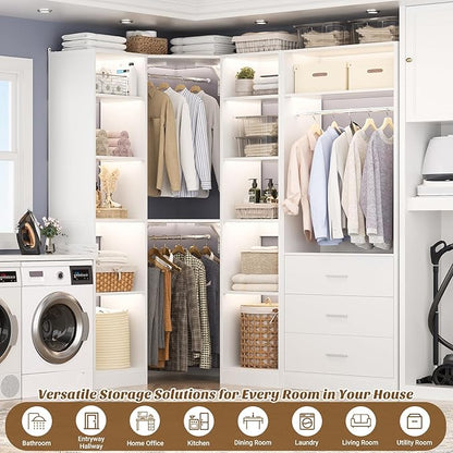 Corner Closet System with 3 Drawers, Corner Closet Organizer System with 13 Shelves & 3 Hanging Rods, 63.2"L * 39.2"W Reversible L Shaped Walk-in Closets, Load 2000+LBS, White