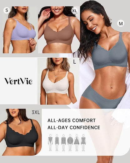 Vertvie Womens Seamless Bras No Underwire Supportive Wireless Push Up Full Coverage Bralette Comfort Scalloped T-Shirt Bra