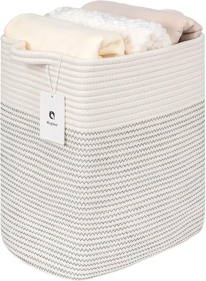 Medium and Large Woven Basket//With Handle, Used for Toys and Fabric Storage Basket used for Storing xl Storage Box, Decorative Storage Box Room (14L*15.7H I White/Black Line, 14L*10W*15.7H)