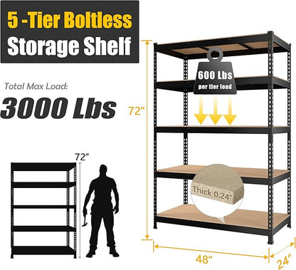 PrimeZone 4 Pack Storage Shelves 48" x 24" x 72", 5 Tier Adjustable Garage Storage Shelving, Heavy Duty Metal Storage Utility Rack Shelf Unit for Warehouse Pantry Closet Kitchen, Black