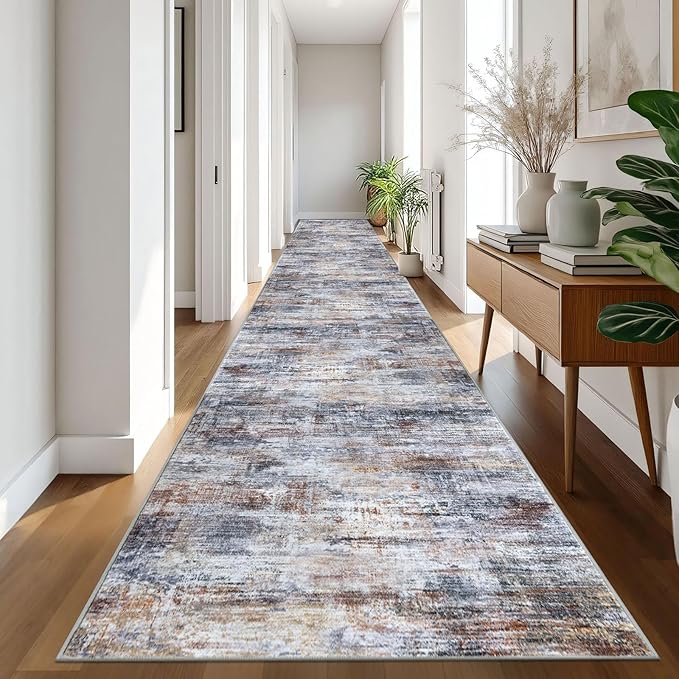 IOHOUZE Abstract Runner Rug 3x20 Ft Extra Long Washable Runners for Hallways, Non Slip Kitchen Runner Printed Faux Wool Entryway Runner Indoor, Modern Abstract Floor Carpet for Hall Stair, Orange Grey