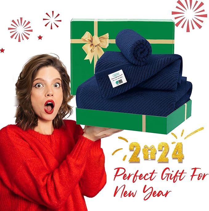 Blue Towels Set for Bathroom, Luxury 3 Piece Gift set, 100% Cotton | Quick Dry | Soft | Thick, 1 Large Bath 30" x 56", 1 Hand 18" x 28", 1 Wash Cloth 13" x 13", Bathroom Essentials, Navy