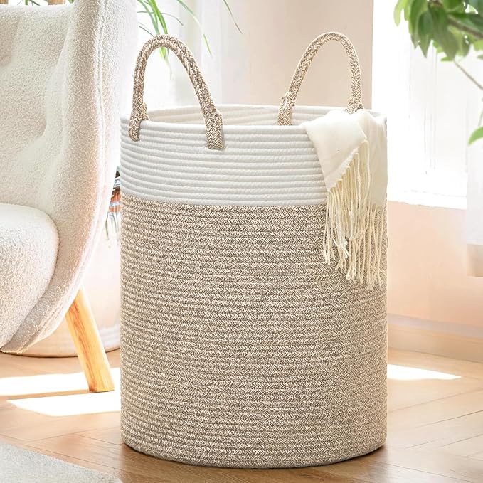 INDRESSME Tall Wicker Laundry Basket, Large Woven Clothes Hamper for Bedroom, Bathroom, Living room, Tall Nursery Hamper for Blankets, Toys, 16 x 20 inches White & Brown