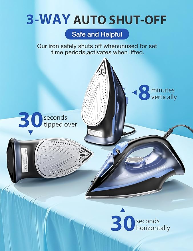 Sundu Steam Iron for Clothes with Rapid Heating Ceramic Coated Soleplate, 1500W with Precise Thermostat Dial, Self-Cleaning, Auto-Off, 15.21oz Water Tank for Home Clothes Ironing Use, Blue