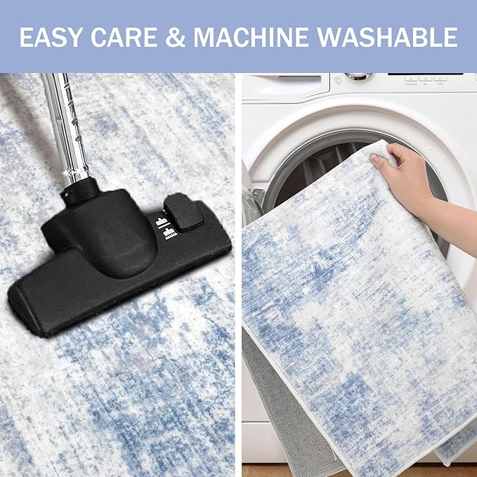 IOHOUZE Abstract Runner Rug 2x6 Ft Washable Runners for Hallways, Non Slip Kitchen Runner Printed Faux Wool Entryway Runner Indoor, Modern Abstract Floor Carpet for Hall Bedroom, Light Blue White