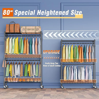 Homdox Rolling Garment Rack with Double Rod, Heavy Duty Clothing Rack with Shelves, Portable Clothes Rack, Free Standing Wardrobe Rack, with Lockable Wheels & Hanging Hooks, Max Load 450 LBS, Black