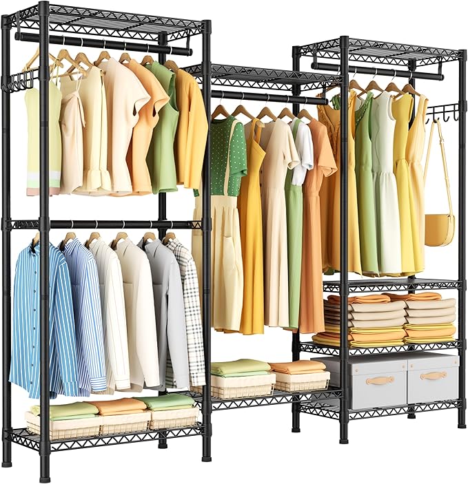 Heavy Duty Garment Rack Large Clothes Rack,Freestanding Closet Portable Clothing Rack with 8 Adjustable Wire Shelves and 4 Hang Rods,Metal Closet Storage Wardrobe Organizer System,Max Load 800lbs