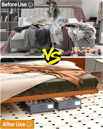 Under Bed Storage with Wheels, Square Under Bed Storage Containers, 4 Pack Under The Bed Storage Bins, Under Organizer with Clear Lids-60L Rolling Underbed Storage For Clothes, Shoes...