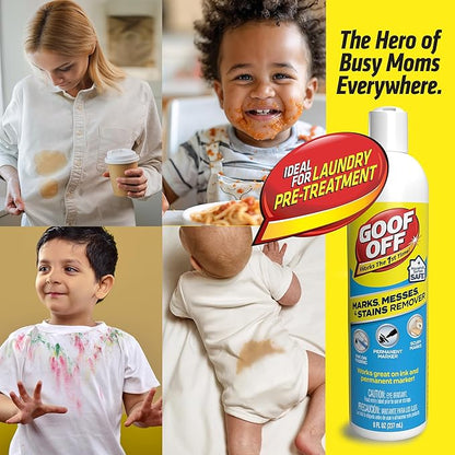 Goof Off Marks, Messes & Stains Remover, 8 fl. oz. Spray, Household Surface Safe, Removes Spots and Stains from Plastics, Fabric, and Clothing, Ideal for Households with Kids