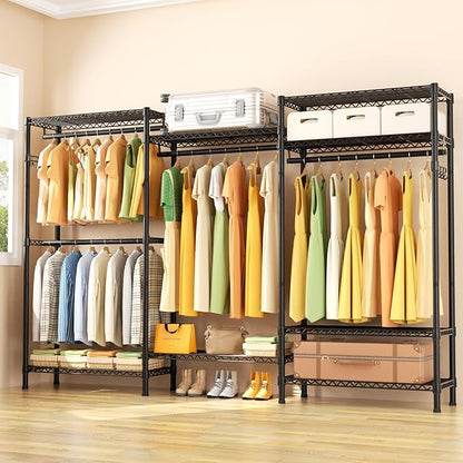 Heavy Duty Garment Rack Large Clothes Rack,Freestanding Closet Portable Clothing Rack with 8 Adjustable Wire Shelves and 4 Hang Rods,Metal Closet Storage Wardrobe Organizer System,Max Load 800lbs