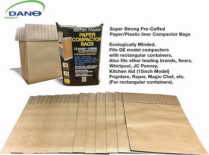 Kitchen Master Super Strong Compactor Bags (48 Pack) | Precuffed, Garbage Compactor Bags, Hardware for Kitchens, Paper Trash Bag, Kitchen Essential, Paper & Plastic Lined