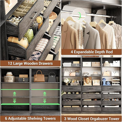 Aheaplus Closet System Set of 3, 138.5" Wood Closet Organizer System Tower with 12 Drawers & 4 Hanging Rods, 6.7+4.85Ft L Shaped Walk-in Closets Wardrobe Organizer Garment Rack with Shelves, Black Oak
