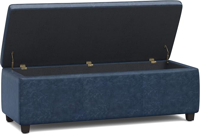 SIMPLIHOME Avalon 48 inch Wide Contemporary Rectangle Storage Ottoman Bench in Denim Blue Vegan Faux Leather, Assembled, For the Living Room, Entryway and Family Room