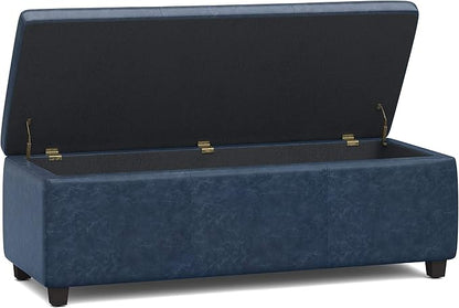 SIMPLIHOME Avalon 48 inch Wide Contemporary Rectangle Storage Ottoman Bench in Denim Blue Vegan Faux Leather, Assembled, For the Living Room, Entryway and Family Room
