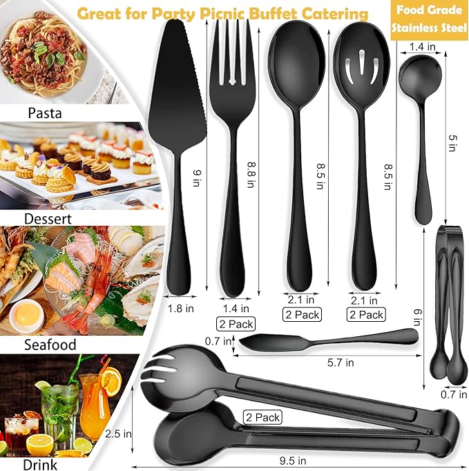 12 PCS Stainless Steel Serving Utensils - Large and Slotted Spoons, Forks, Tongs Bundle, Perfect for Buffet Catering and Parties, Black