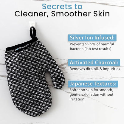 Japanese Exfoliating Mitt 2-Pack - Charcoal & Silver Ion Exfoliating Gloves for Shower - Soft Inner Fabric Gentle Exfoliation & Deep Cleansing Body Scrub Gloves for All Skin Types - 1 White, 1 Green