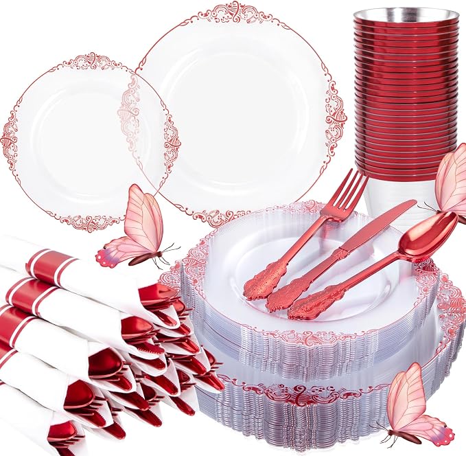 175 Pcs Clear Red Plates for Party | Red Party Plates Set for 25 Guests