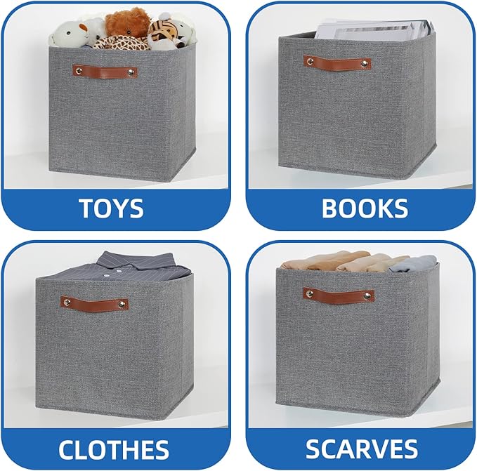 Temary 12x12 Storage Cube Bins 4 Pack Fabric Storage Cubes Storage Bins with Leather Handles, Storage Baskets Foldable Cube Organizers Bins for Home (Grey)