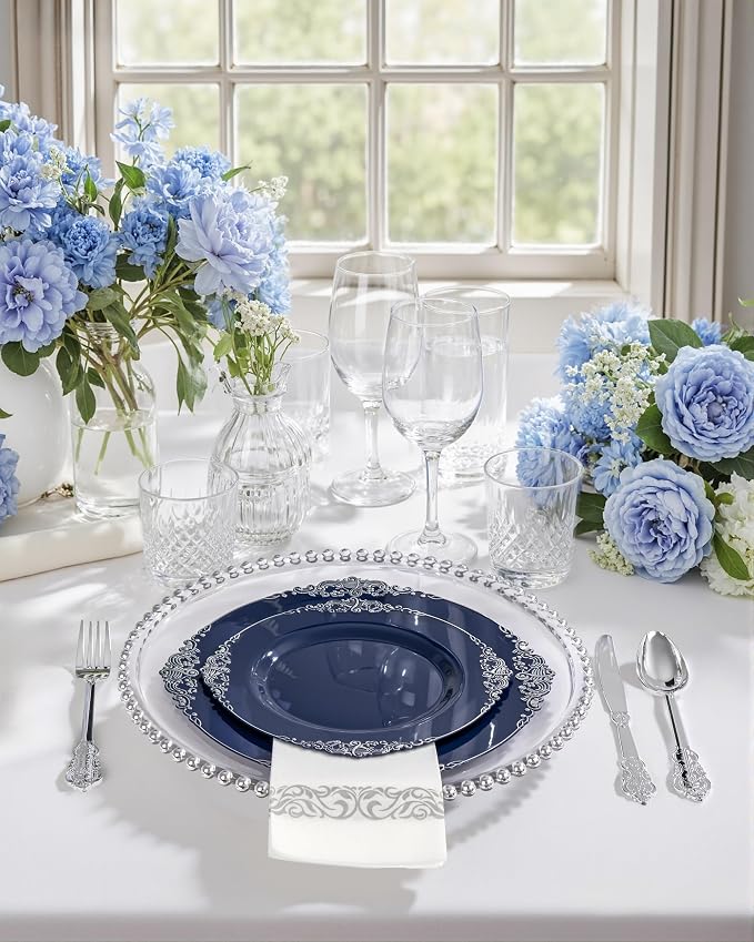 175pcs Blue and Silver Plastic Plates