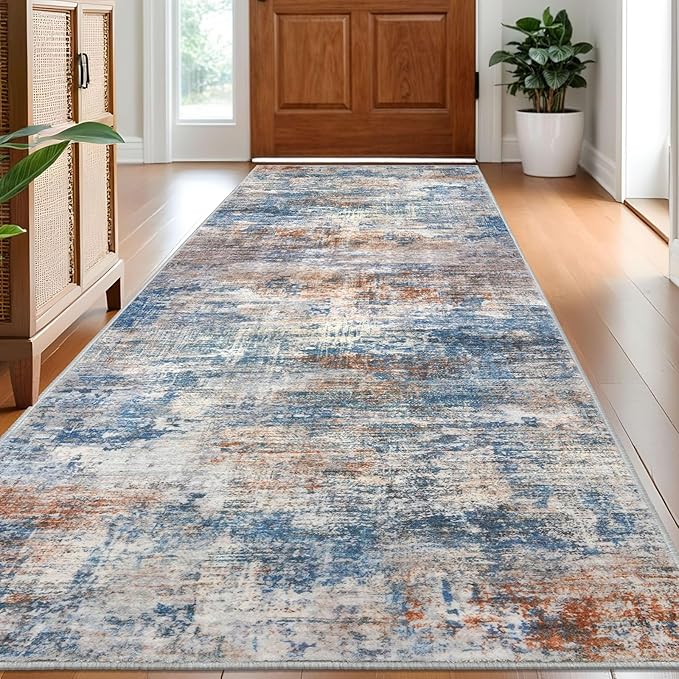 IOHOUZE Abstract Runner Rug 3x8 Ft Washable Runners for Hallways, Non Slip Kitchen Runner Printed Faux Wool Entryway Runner Indoor, Modern Abstract Floor Carpet for Hall Bedroom, Blue Rust
