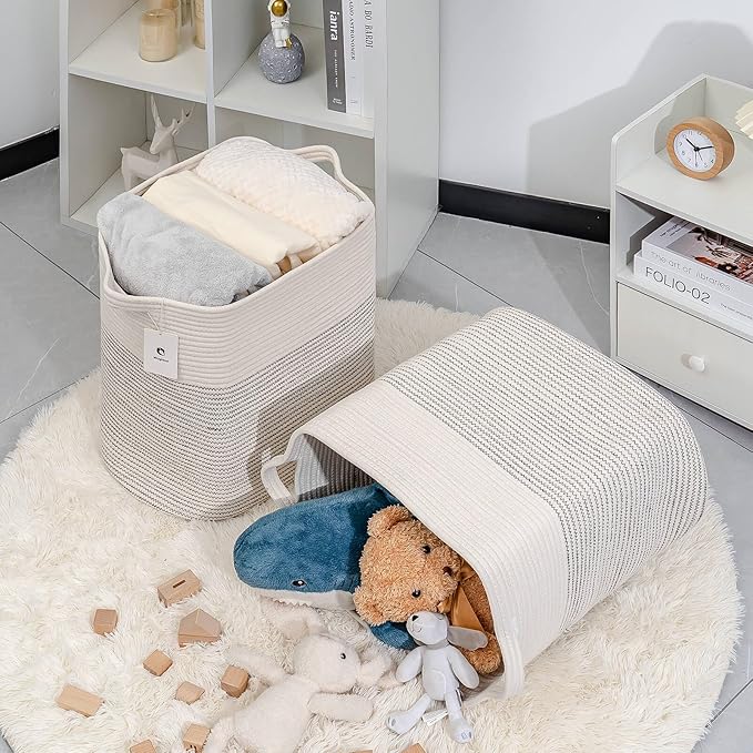 Storage Baskets for Clothes Fabric Cotton Rope Storage Basket bins with Handles, Decorative Woven Basket for Living Room,Closet Organizer Blankets Tall 2 bags White/Black Line, L14×W11×H14