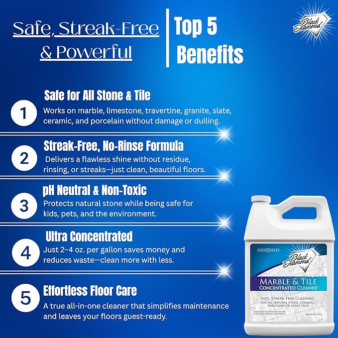 Black Diamond Stoneworks MARBLE & TILE FLOOR CLEANER. Great for Ceramic, Porcelain, Granite, Natural Stone, Vinyl and Brick. No-rinse Concentrate.(4-Gallons)