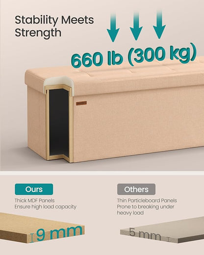 SONGMICS Mazie Collection - Storage Ottoman Bench, 43 Inches Folding Foot Rest Stool, End of Bed Bench, Easy Assembly, for Living Room, Bedroom, Entryway, Apricot Orange ULSF077O01