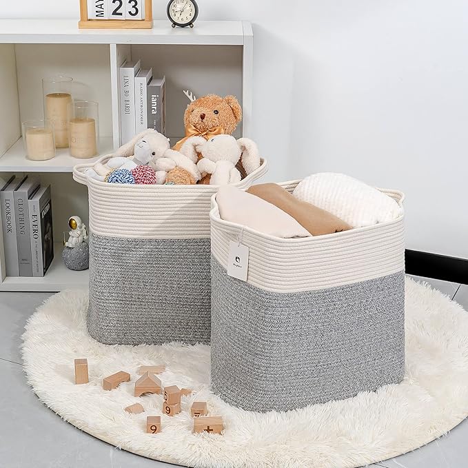 Storage Baskets for Clothes Fabric Cotton Rope Storage Basket with Handles, Decorative Woven Basket for Living Room,Closet Organizer Blankets, and 2bags (Silver Gray, L17.8×W12.5×H17.9)