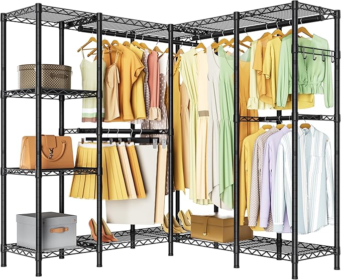 L Shaped Heavy Duty Metal Clothes Rack for Hanging Clothes,Freestanding Garment Rack Closet Wardrobe Rack Clothing Rack with 4 Hanging Rods & 1 Side Hook,50"Lx 50"Wx 76.4"H,Max Load 1100LBS