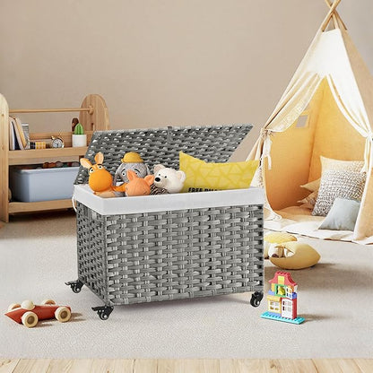 Rolling Storage Basket with Lid, 47.6 Gallon (180L) Storage Bin with Wheels, Woven Rattan Blanket Storage Basket with Handles, Foldable, Metal Frame, Removable Liner for Bedroom, Laundry Room, Grey