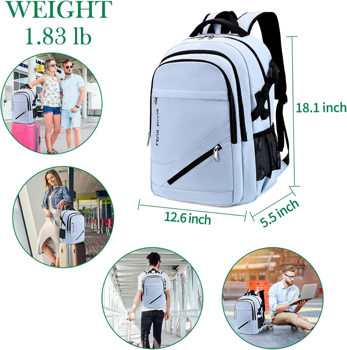 FENGDONG 17.3 inch Large Laptop Backpack Durable Waterproof Travel College Backpack Bookbag for Men & Women Business Backpack with USB Charging Port,Headset Port Light Blue