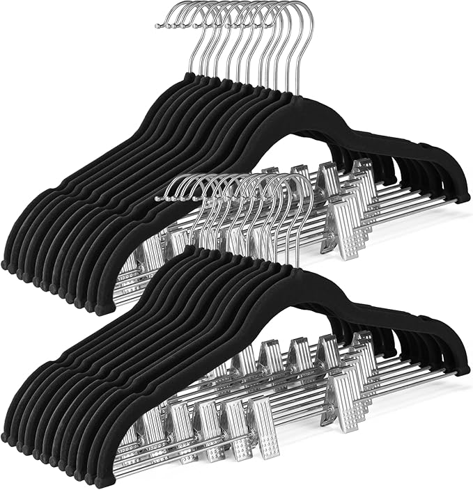 HOUSE DAY Velvet Skirt Hangers 36 Pack, Black Velvet Pant Hangers with Adjustable Clips, Space Saving Slim Shorts Hanger, Heavy Duty Non Slip Clip Hanger for Pants, Skirts, Shorts