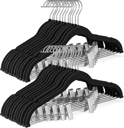 HOUSE DAY Velvet Skirt Hangers 36 Pack, Black Velvet Pant Hangers with Adjustable Clips, Space Saving Slim Shorts Hanger, Heavy Duty Non Slip Clip Hanger for Pants, Skirts, Shorts