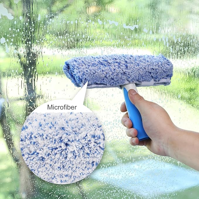 Professional Window Cleaning Kit 10IN, All-in-one Windows Cleaner Tool with Silicone Rubber Squeegee, Microfiber Scrubber & Cloth, Household Cleaning Supplies, Streak-Free Results