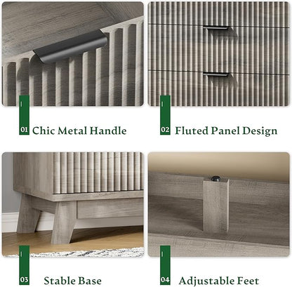 Fluted Dresser with 6 Drawers, 54" Wide Modern Chest of Drawers with Metal Handle, Wooden Dresser TV Stand, Wood Closet Clothes Storage Organizer for Bedroom, Living Room, Hallway, Light Grey