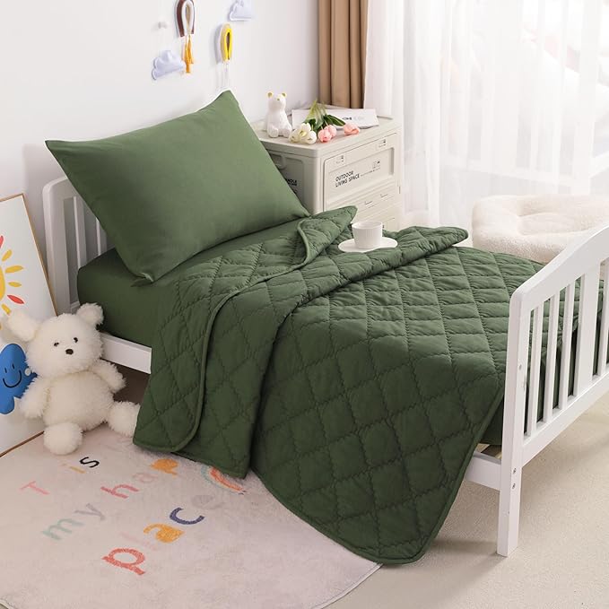 NTBAY Toddler Bedding Set - 4 Piece Soft and Breathable Crib Bedding Set for Boys and Girls, Includes Quilted Comforter, Fitted Sheet, Flat Top Sheet and Envelope Pillowcase, Olive Green
